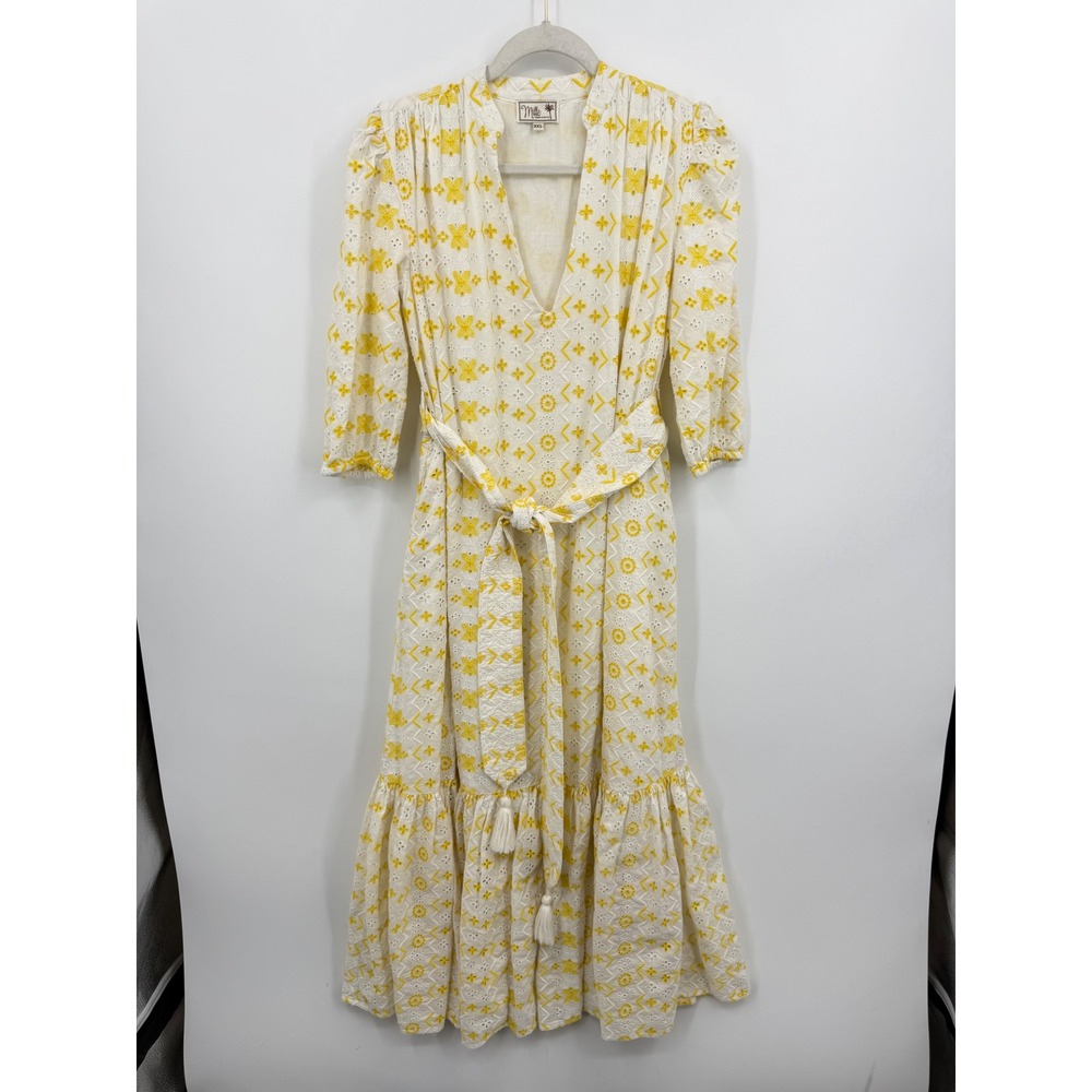 Mille Resort & Travel Ada sunshine Eyelet Midi Dress sz XXS White Yellow Boho